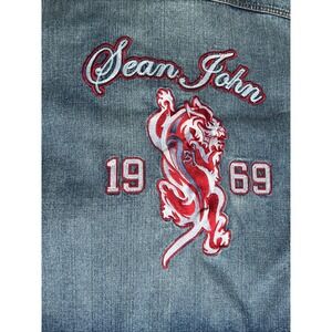 SEAN JOHN Chinese‎ Dragon Denim Jean Jacket Button Up Blue XXL Missing Button